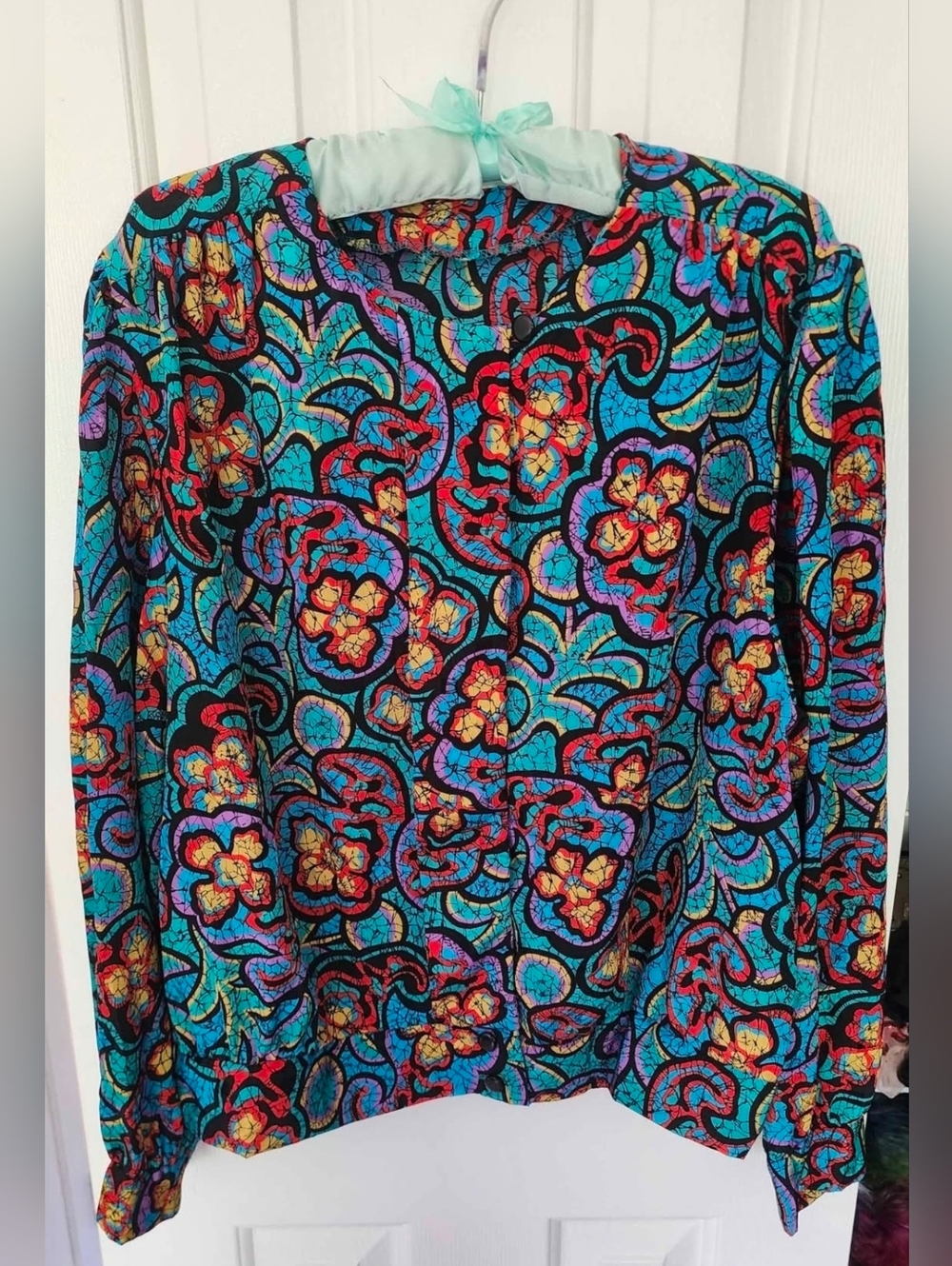 Vintage 80s Graphic Print Top Size Large Bright Floral Flowy Flirty Beautiful